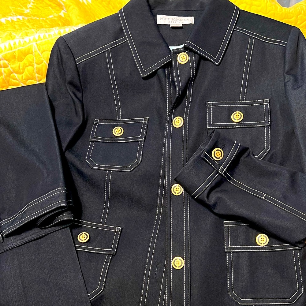 Two piece, soft denim pants suit. Gold accent buttons.